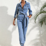 Manon | Combinaison en Denim Ceinturée à Manches Longues