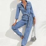 Manon | Combinaison en Denim Ceinturée à Manches Longues