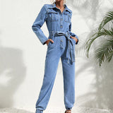 Manon | Combinaison en Denim Ceinturée à Manches Longues